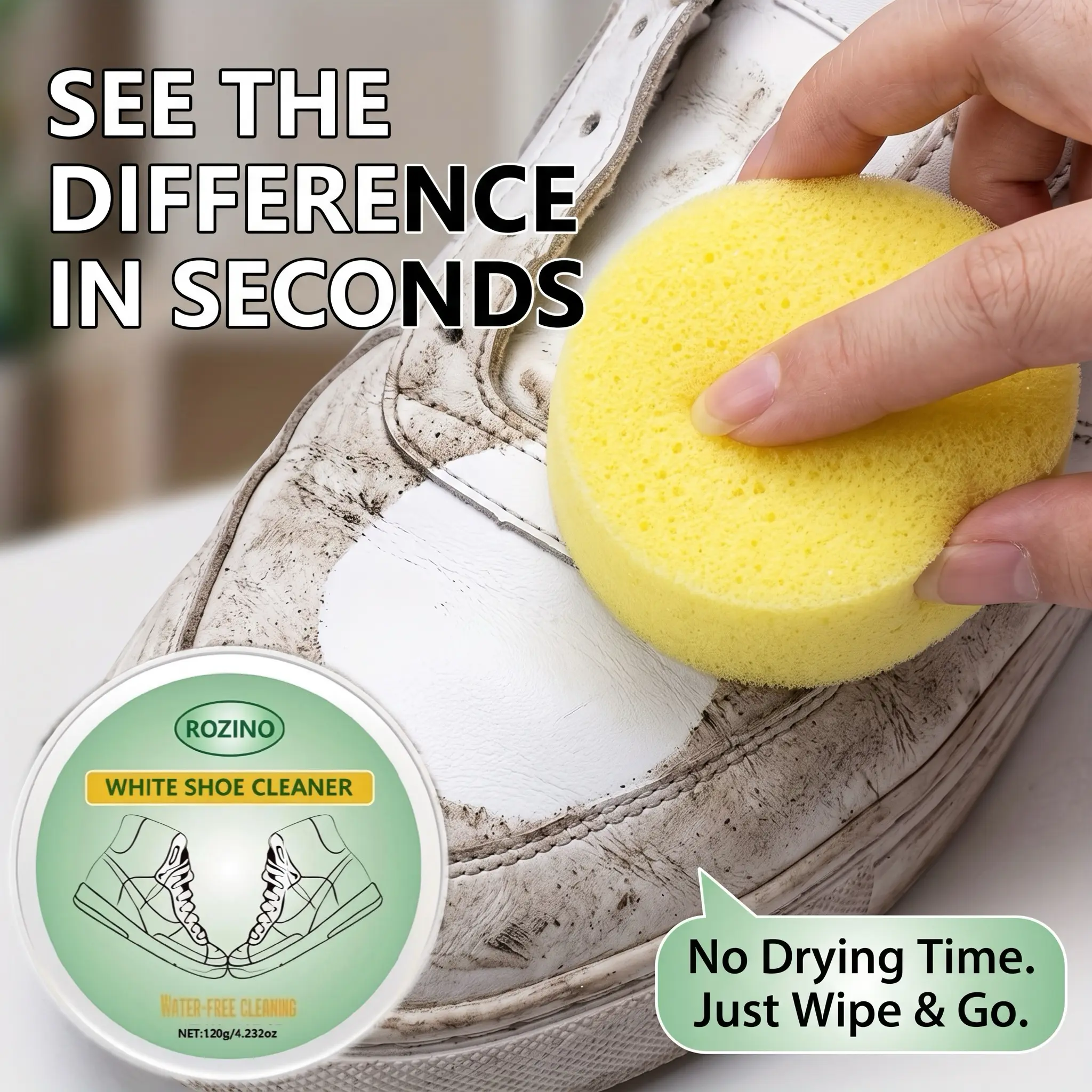 ROZINO White Shoe Cleaner Cream, Water-Free Stain Remover Paste with Sponge for Sneakers, Canvas & Leather Shoes, 4.2 oz footwear crease guard Deep Clean Shoe Cleaner Kit care removal