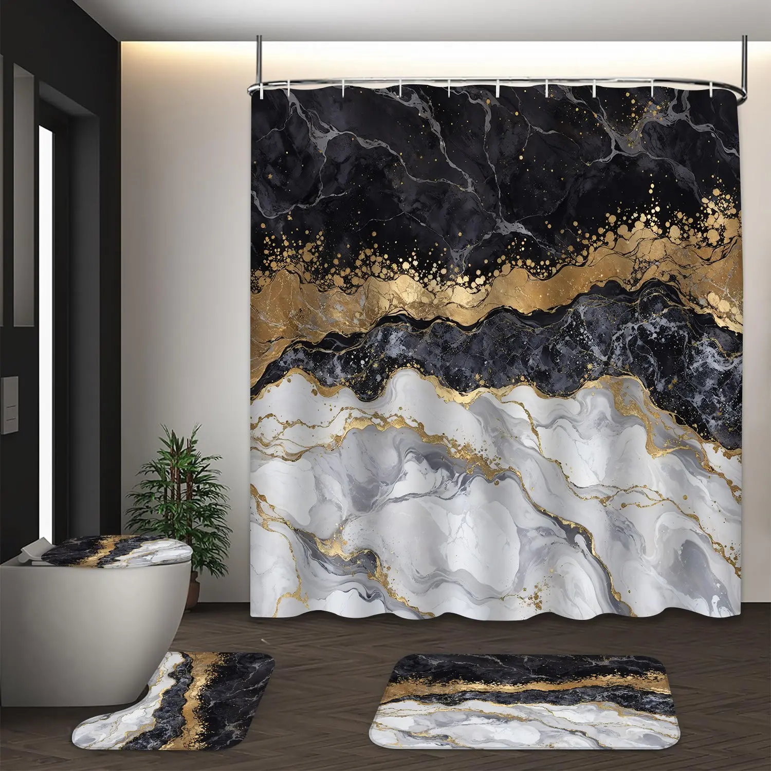 LVRLVR 4pcs Black White Gold Marble Luxury Bathroom Set with Shower Curtain, Bath Rugs and Hooks - 70.8"×70.8" (180×180cm) Bathroom Decoration Accessories Elegant Bathroom Decor Bathroom Supplies Restroom