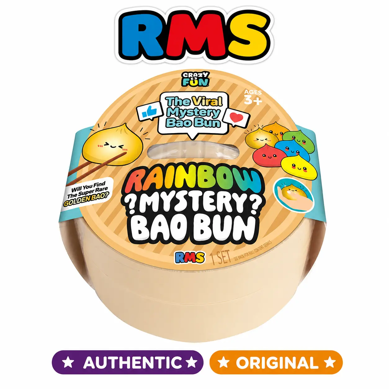 Authentic RMS Crazy Fun Rainbow Mystery Dumpling Squishy Fidget Toy, Mystery Bao Bun in Steamer Basket, Collectible Sensory Toy, Rare Golden Dumpling, Ages 3+, 1 Pack