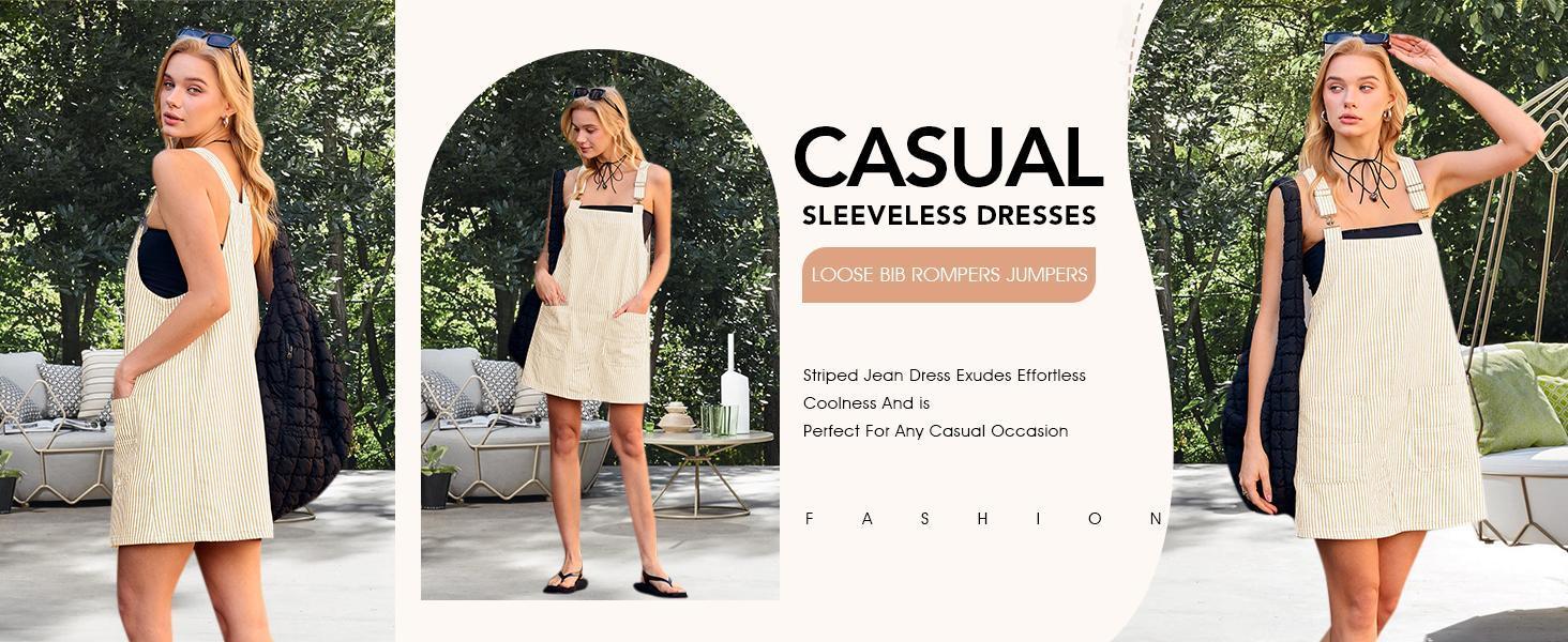 Imily Bela Womens Casual Striped Denim Dress Summer Pinafore Overalls Romper Adjustable Straps Jumper Dress with Pockets