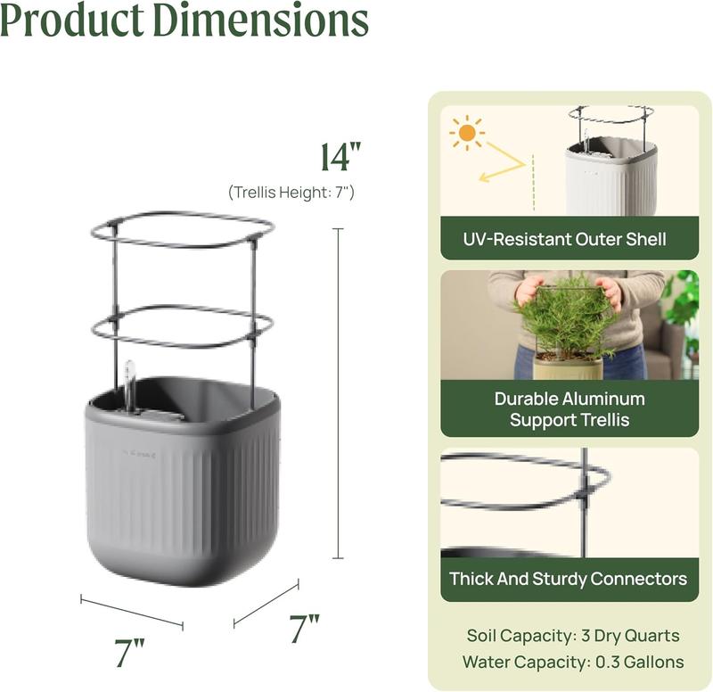 Vego Garden Mini Planter Indoor Pots with Trellis Self-Watering Herb Countertop Planter for Climbing Vegetables Flowers Mint Plants Cage 1.1L Water Storage 15-Day Watering System