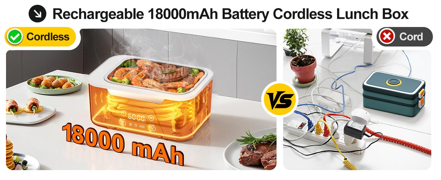 Cordless Heated Lunch Box For Adults, 1.5L (6 Cups) Rechargeable Electric Lunch Box Battery Powered With Scheduled Heating, Automatic Heating,Portable Food Warmer With Insulated Bag (Black)