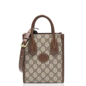 Pre-owned GUCCI Leather tote bags Mini Interlocking G Tote GG Monogram Grey Brown (jx1014m2)