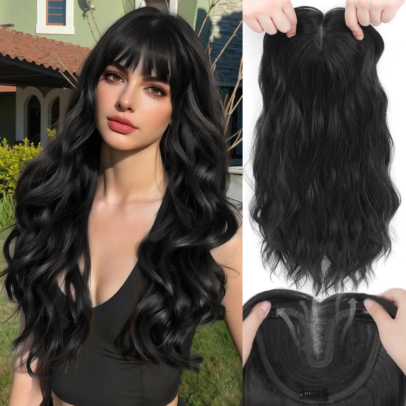 AISI HAIR Hair Toppers for Women 20-Inch Long Wavy  Wiglets With Bangs - Clip-in Hair Pieces for Thinning Hair Synthetic Hair