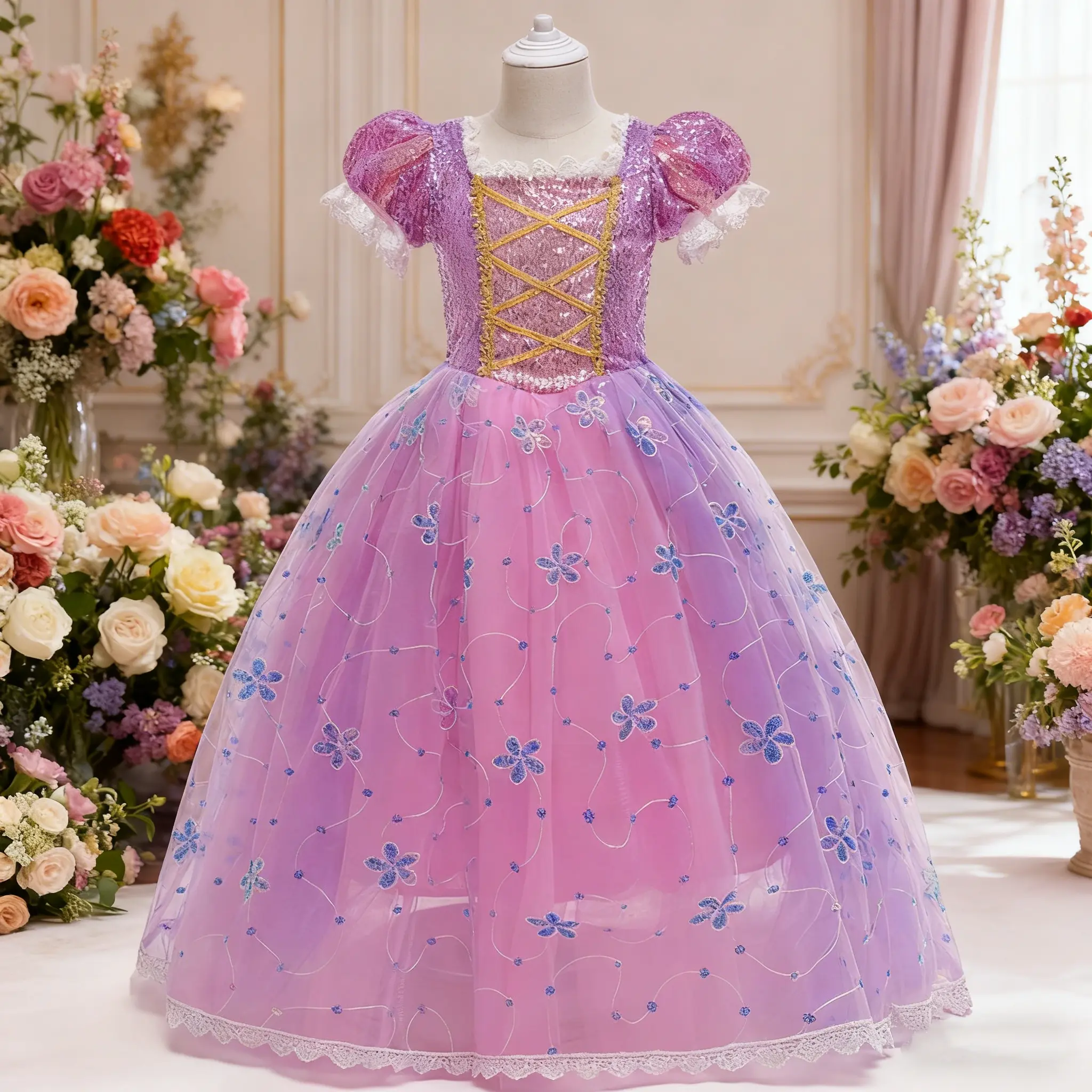 Girl's Rapunzel Princess Dress Up Costume, 031 Luxury Ball Gown, Ideal for Birthday Party, Halloween Cosplay Gift