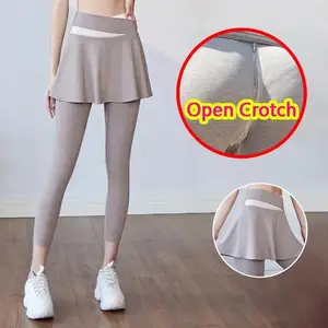 Woman Open Crotch Leggings with Fake Skirt Hidden Zippers Crotchless Panties Elastic Skinny Sport Girl Open Seats Pants Gifts leggings gym outfits workout sets sun protection Breathable Athletic Bottoms High Waist Stretchy