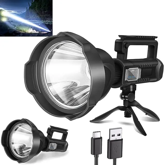 2026 NEW Rechargeable Spotlight 3000 Lumens LED Flashlight, Outdoor Bright Long Range Tripod USB-C Rechargeable Flashlight with 4 Lighting Modes Waterproof Flashlight  Perfect for Camping