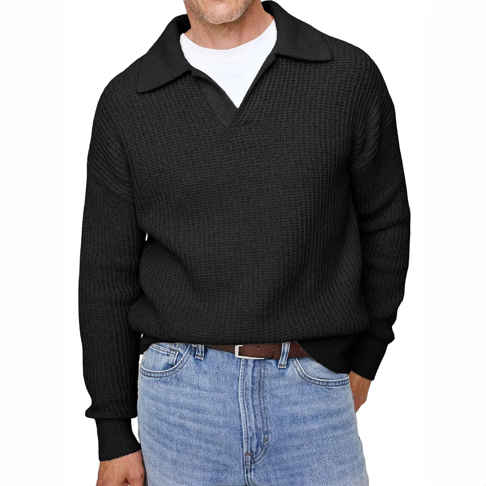 JMIERR Mens Drop Shoulder Waffle Knit Johnny Collar Pullover Sweater | Waffle-knit pullover with drop shoulder, Johnny Collar, ribbed cuffs hem, machine washable