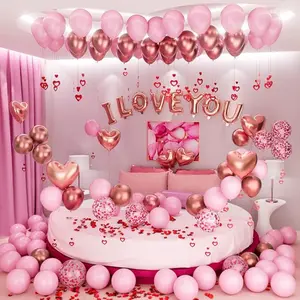Valentine's Day Balloons Kit with Rose Gold Pink Heart, I Love You Balloon, Rose Petals for Valentine, Anniversary, Wedding, Mother's Day, Romantic Special Night Decorations
