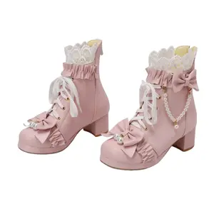 Women Cute Lolita Boots Chunky Mid Heel Ankle Boots with Bow Platform Lace Up Booties with Pearl Girl Shoe cowgirl boots Pink Footwear boots for fall Classic Elegant