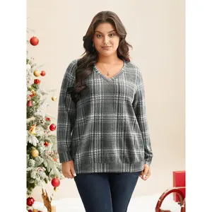 【V-Neck】Bloomchic Brushed Plaid V-neck Sweatshirt