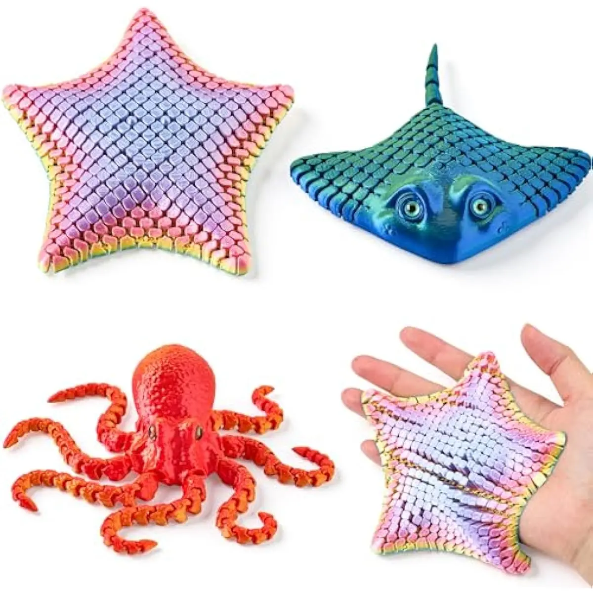 3 Pcs 3D Printed Fidget Toys, Articulated 3D Printed Octopus, Ray & Starfish, Flexible 3D Printed Sea Creatures for Stress Relief, Cool 3D Printed Stuff for Desk Decoration