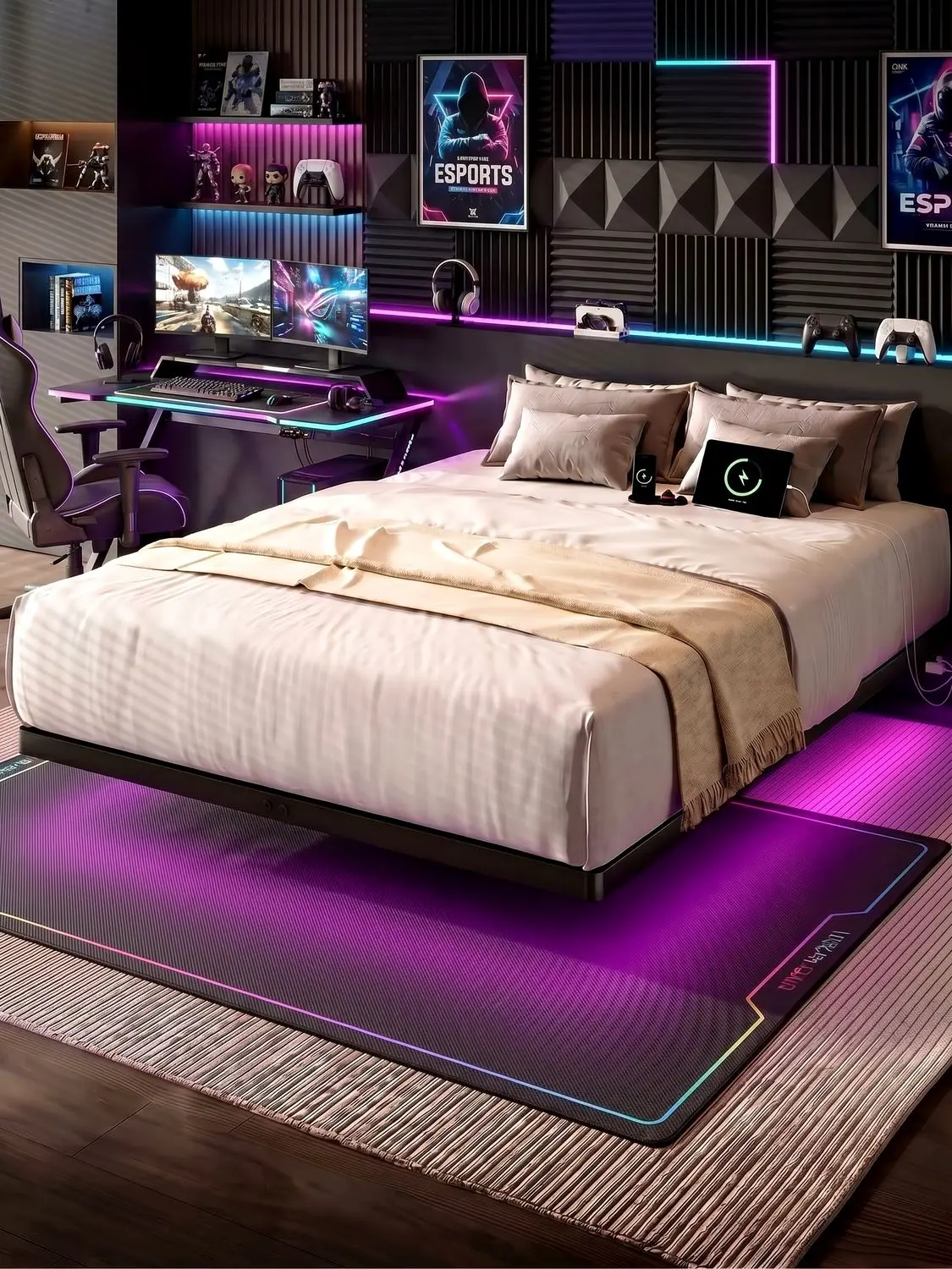 【BackToSchool】ONBRILL Smart LED Floating Bed Frame, Queen Size Bed Frame with Power Outlet, Metal Platform Bed Frame, No Box Spring Needed, No Noise, Easy Assembly, Bedroom Furniture, Stylish Furniture