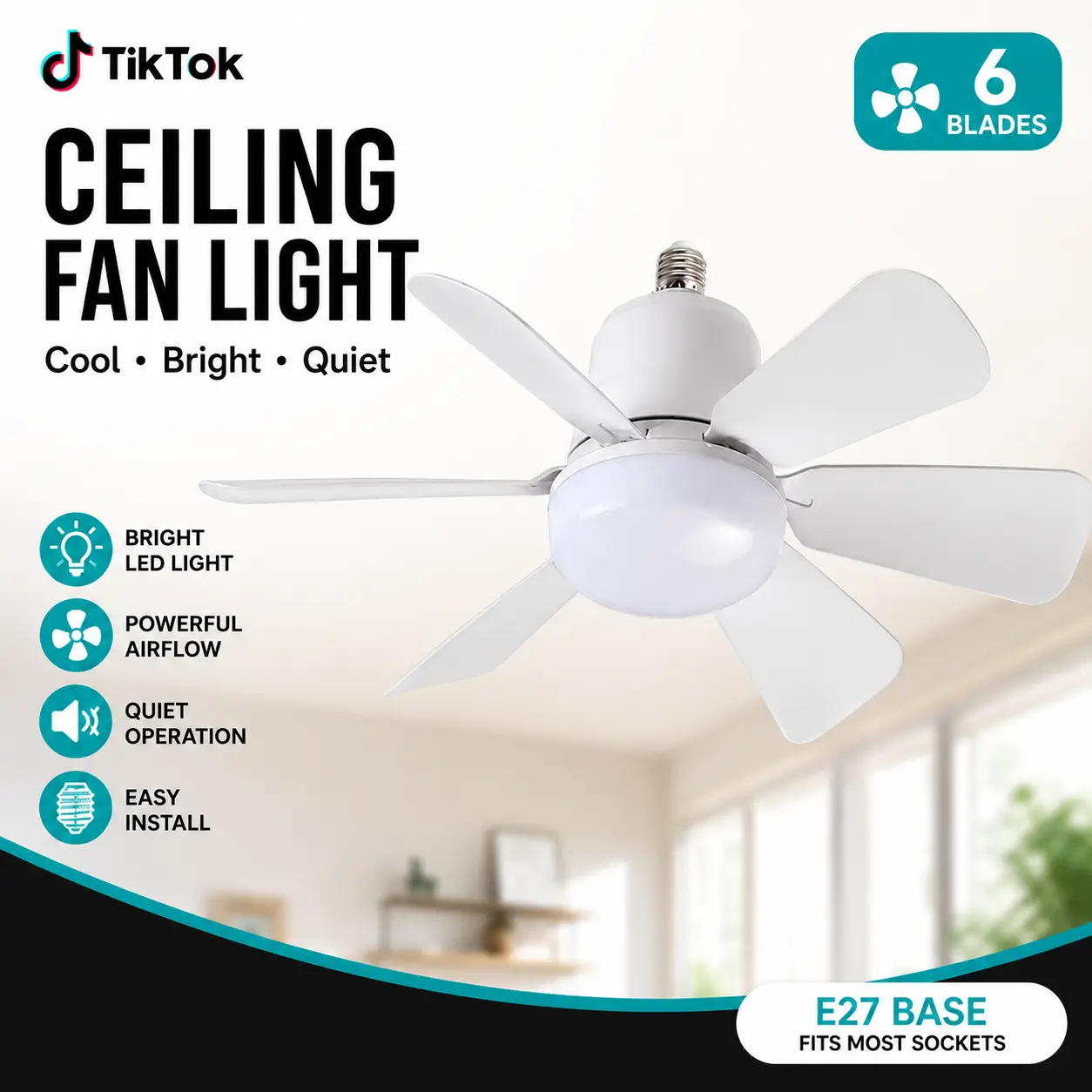 Low Profile Ceiling Fan with Light - 6-Blade Set, LED Atmosphere Lamp, 3-Speed Adjustable Airflow, Dimmable, Timer Function, Easy Installation, Remote Control, Black & White Minimalist Home Improvement Lighting Accessory for Kitchens, Led Light Fan