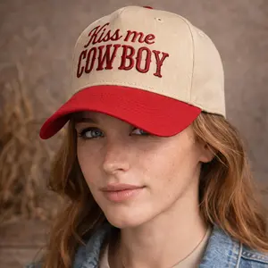 Kiss Me Cowboy Embroidered Hat Red & Cream Baseball Cap, Western Cowgirl Trucker Hat Adjustable, Flirty Rodeo Country Style Cap