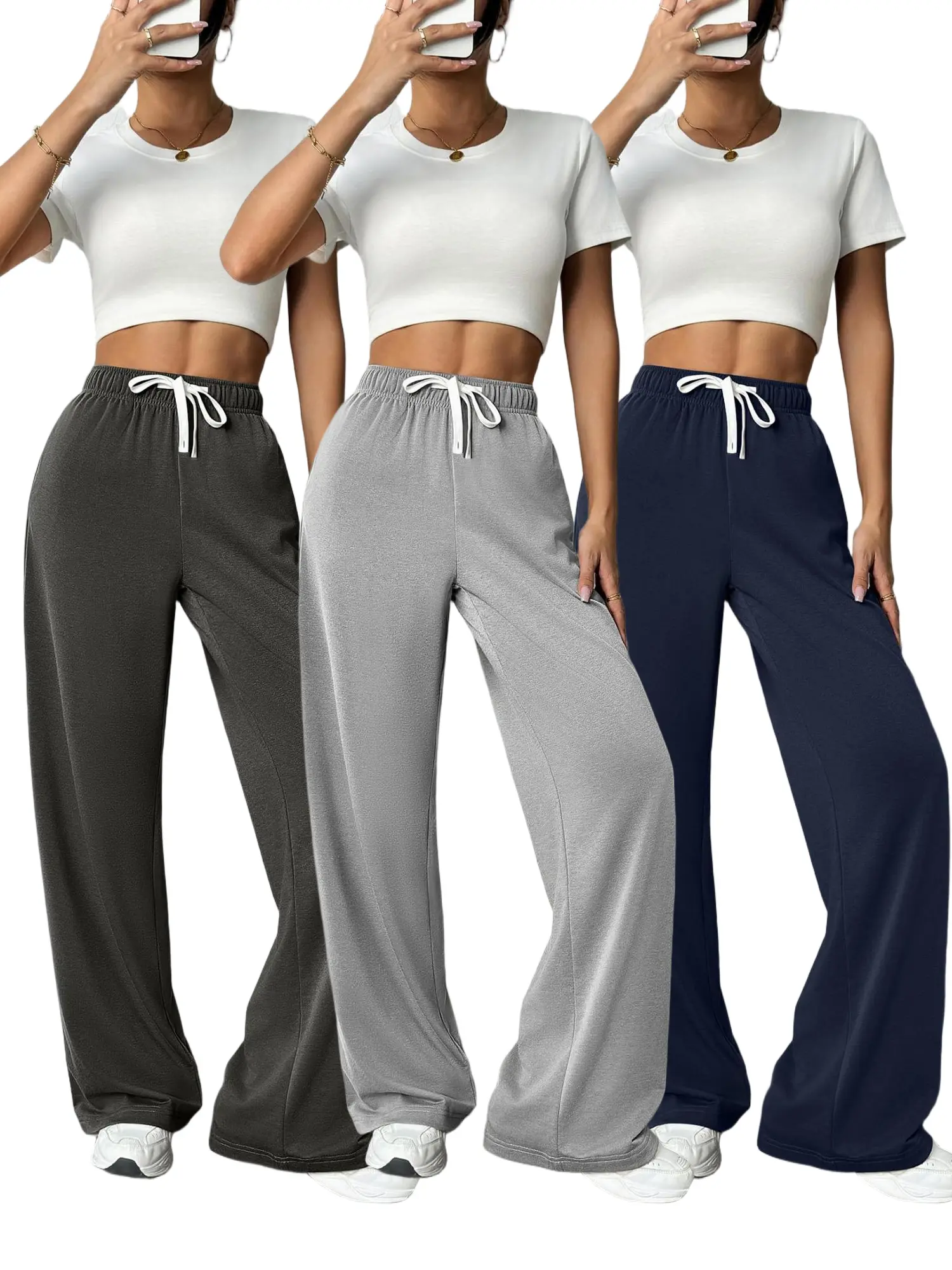 Women's 3-Piece High Waisted Wide Leg Sweatpants Set, Activewear Bottoms with Pockets, Athleisure Pants for Spring Fall Lounge Travel, Casual Comfy Elastic Waist Workout Joggers