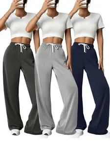 Women Wide Leg 3 Piece Set Sweatpants Baggy Lounge Travel Pants Spring Fall Fashion Outfits Casual Drawstring Workout Sweat Trouser with Pockets Womenswear Bottom Regular Wideleg High Waist Clothes Joggers