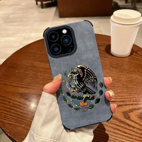 Mexican Golden Eagle Badge Flag Design Full-Coverage Premium Leather Phone Case, Durable TPU Rugged Protection for iPhone 18/17Pro Max,16,15Plus,14,13,12,11,XR,XS & Samsung Galaxy S25,S24,S23,S22, Anti-Drop Military-Grade Accessory NN120