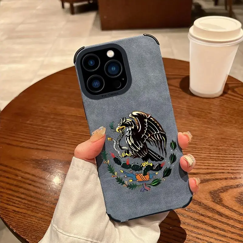 Mexican Golden Eagle Badge Flag Design Full-coverage premium leather Phone Case for  iPhone Samsung Galaxy 17Pro Max Air 16 15Plus 14 13 12 11 XR XS S25 S24 S23 S22 cases Shockproof and drop-proof military-grade protective case.NN120, Protection, Accessor