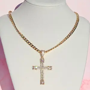 Men’s Gold Plated Cross Necklace, 22” Chain, Sparkling Cubic Zirconia Pendant