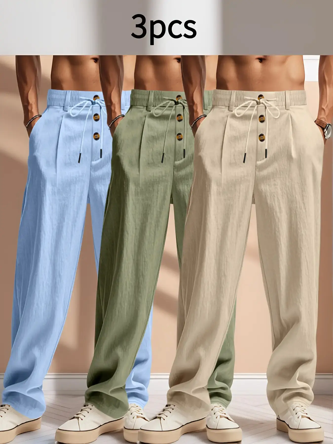 3 pieces of men's breathable linen casual breathable summer streetwear pants - adjustable elastic belt & drawstring design, loose straight-leg style, button closure, beige/white/light blue, suitable for outdoor, beach, vacation and daily wear