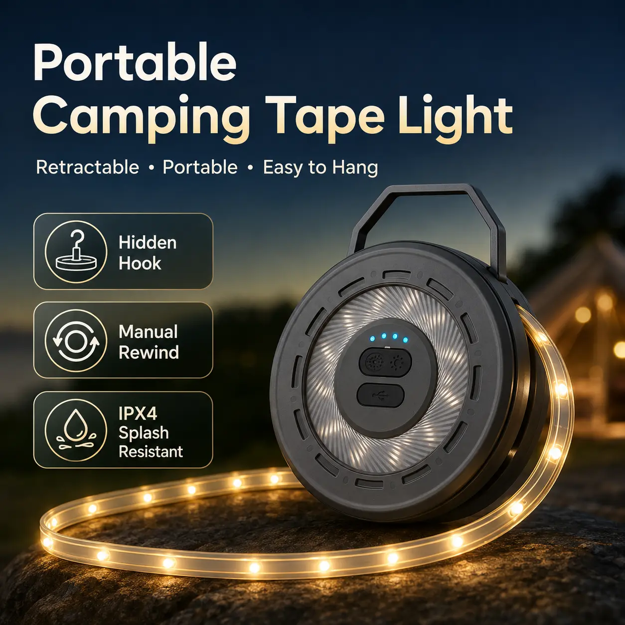 Portable Retractable Camping Tape Light, 10M USB Rechargeable LED Strip with Manual Rewind, Hidden Hook & IPX4 Water Resistance