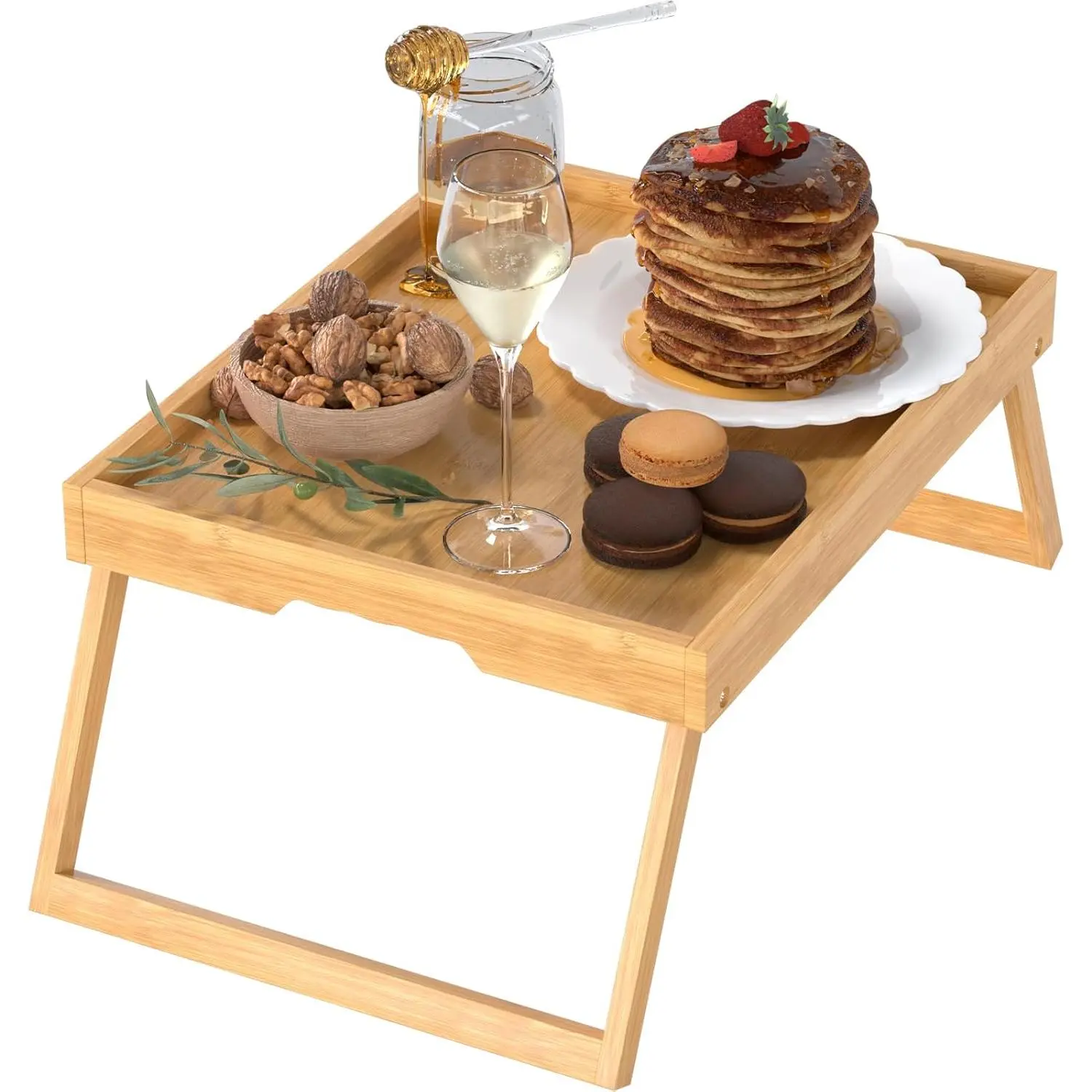 Brown Bamboo Bed Tray Table - Home Outdoor Furniture with Easy Fold-Up Legs, Multi-Functional Surface for Sofa, Beds, Eating, Working, Laptop Use, Kitchen Serving Needs