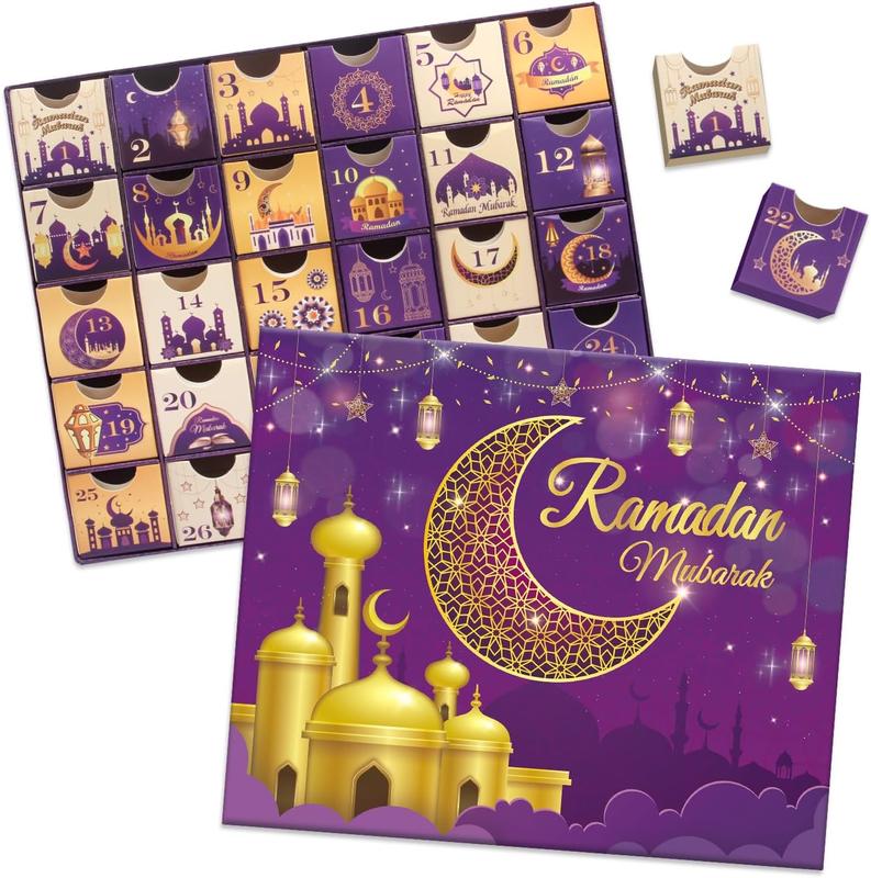 Ramadan Advent Calendar with Drawers, 30 Empty Boxes for 30 days, Eid Mubarak Coutdown Calendar Fillable Ramadan Gift, Islamic Art, Cardboard Number Storage Box, Ramadan Party Supplies - Purple
