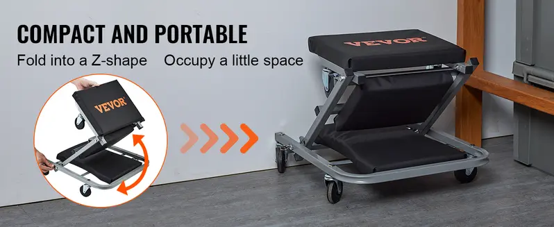VEVOR 36-in Foldable Z Garage Creeper Seat Rolling Stool - Car Repair Tools, 2-in-1 Design, Convertible from Creeper to Stool, Adjustable Ergonomic, Oilproof Vinyl, 360° Smooth Steer, 3-in Tight Access, Steel Frame for Auto Mechanics