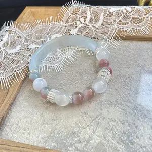 Pastel Agate BePink & White Agate Bracelet Set - Clear Resin Bangle & Crystal Beaded Stretch Bracelet, Minimalist Boho Jewelry for Daily Wear & Gifts