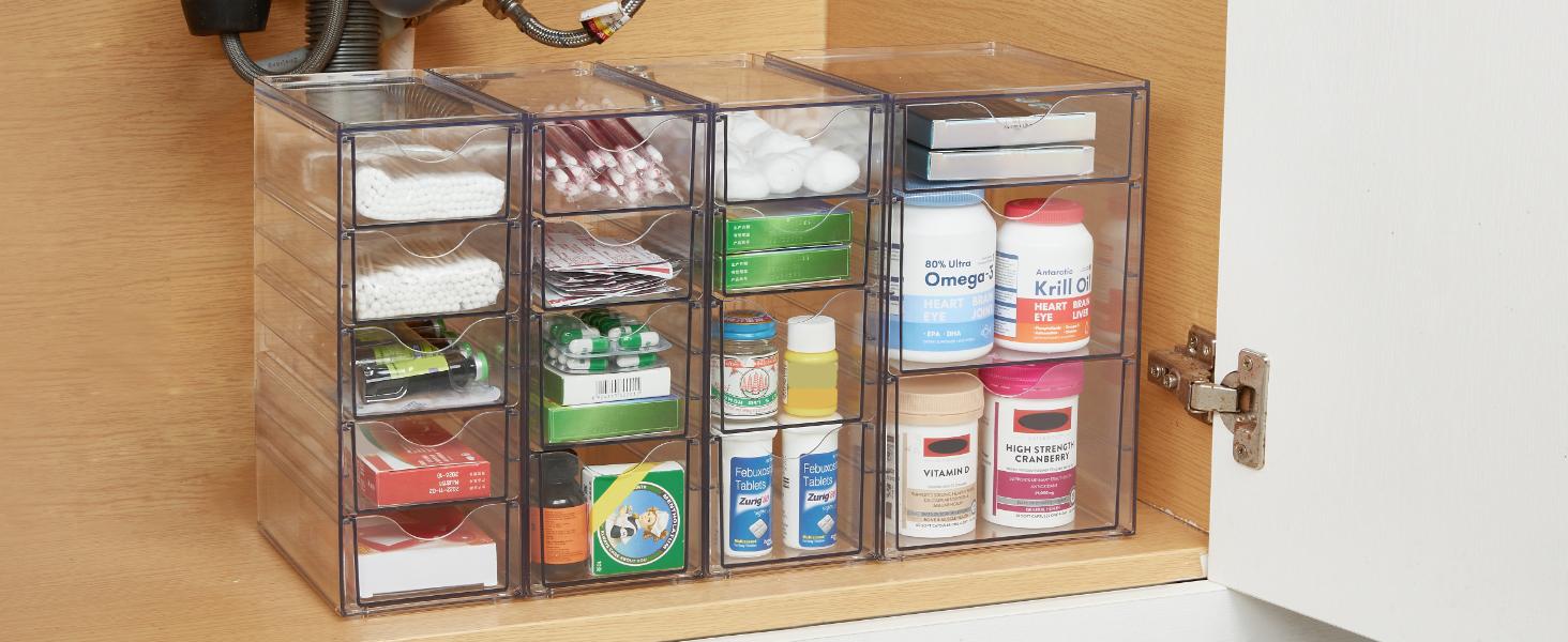 Vtopmart Acrylic Organizer with 16/32 Drawers Clear Storage Drawers for Office Supplies Desk Organization and Storage for Makeup Jewelry Art Crafts Non-Slip Silicone Pad Variety of Drawer Options for Desk Vanity Bathroom Pantry New Year Gift