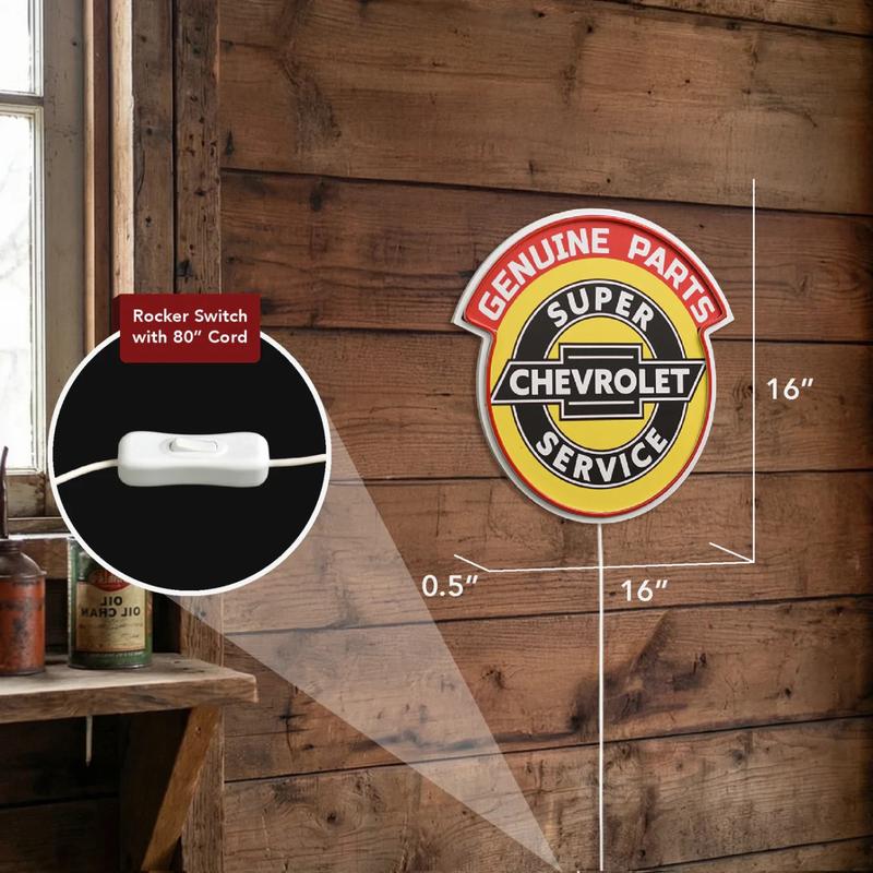 Chevrolet Genuine Parts Super Service LED Plaque Sign – Vintage Garage Neon Style Wall Decor, Red-Orange LED Accent, 16"