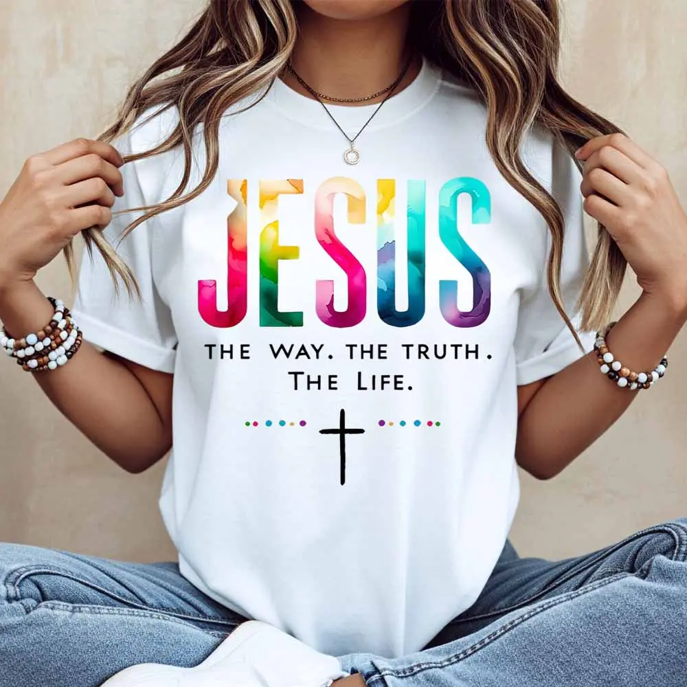 Essential Christian Clothing Crew Neck Cross Print T-Shirt - Soft, Comfortable White Casual Loose-Fit Sports Top for Everyday Wear & Outdoor Activities