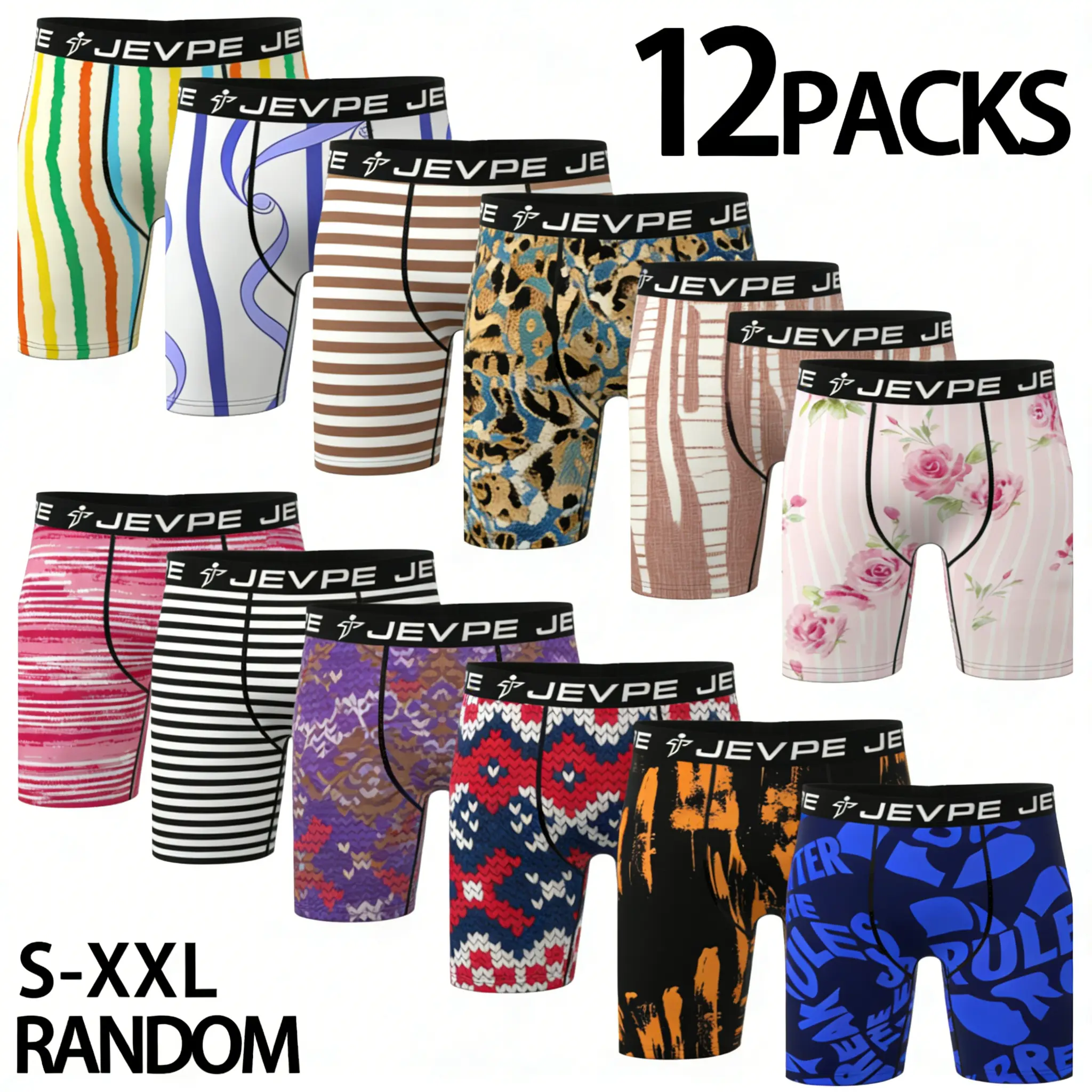 JEVPE Men's 12-Pack Boxer Briefs, Assorted Floral & Geometric Print Underwear - Breathable Anti-Chafing for Workouts & Casual Day Wear, Fabric