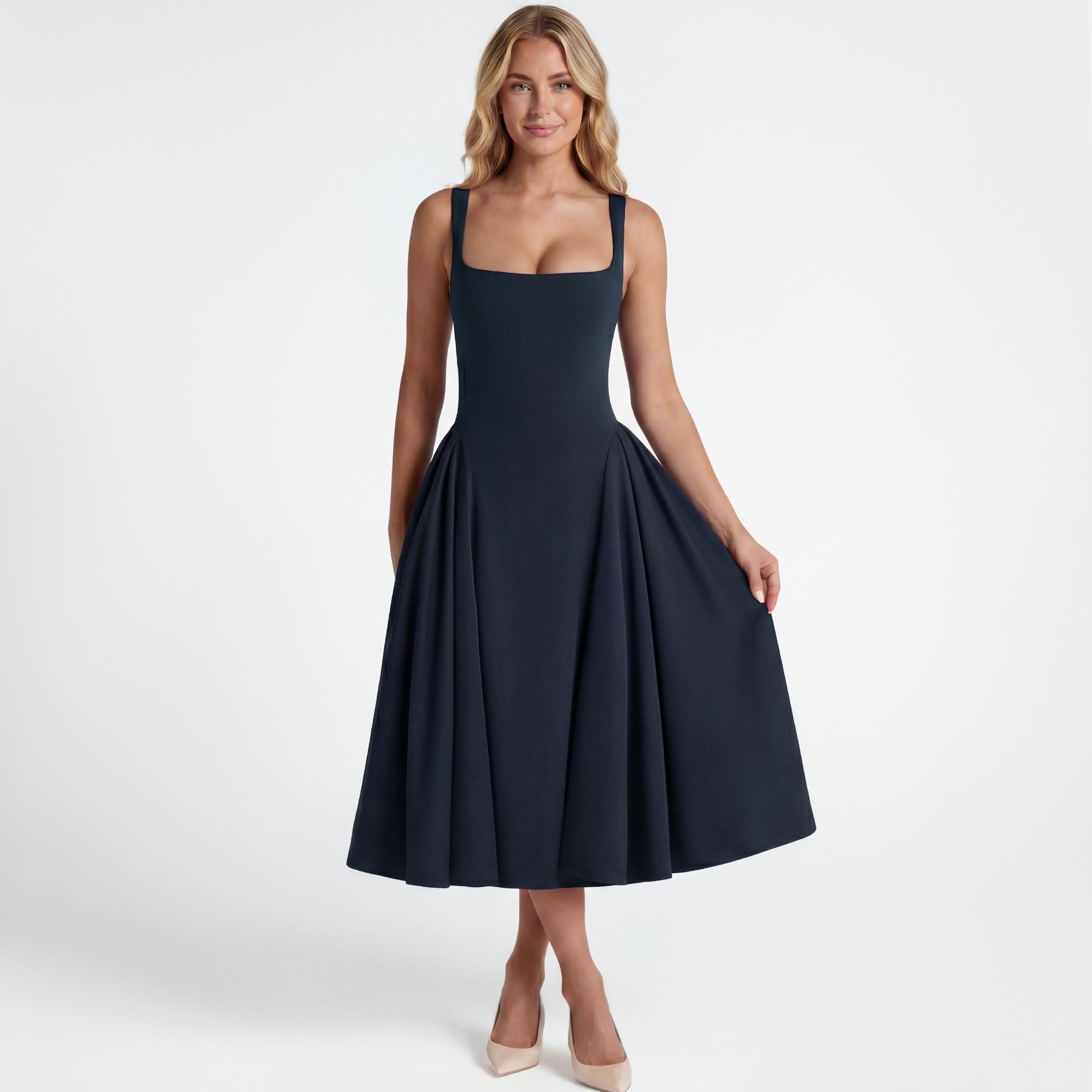 OQQ Women's Sleeveless Elegant Square Neck Swing A Line Wedding Evening Party And Casual Midi Dress