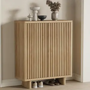 31.6 Inch Shoe Cabinet with Fluted Door, 5-Tier Storage with 4 Adjustable Shelves, Rustic Entryway Shoe Bench for Hallway & Foyer