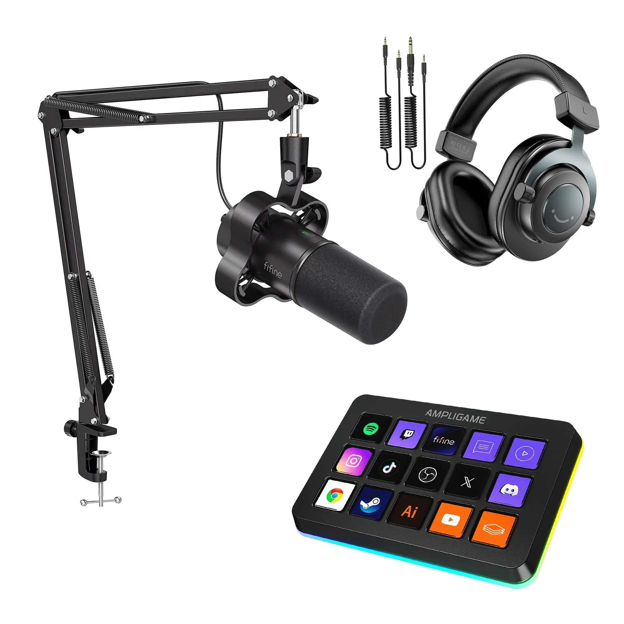 fifine Podcast Streaming Bundle Kit,  K688 Podcast Dynamic Microphone + H8 Monitoring Headphones + D6 Stream Controller