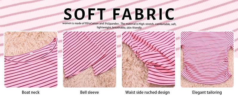 WoodBerry Women's High-Stretch Long Sleeve Shirts 2026 Spring Casual Boat Neck Bell Sleeve Crop Going Out Tops Side Ribbed Ruched Y2K Clothes