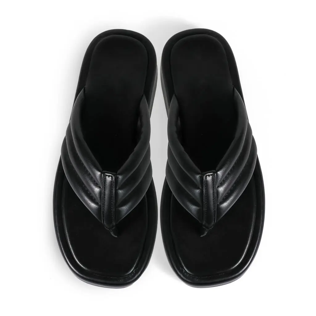 Women's Black Leather Toes Thong Flip Flops - Plain, Casual Wear Sandals with Supportive Thick Sole