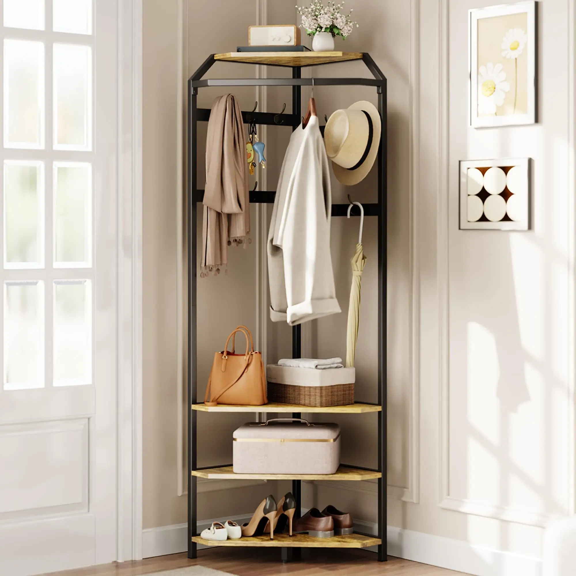 Garvee - Corner Coat Rack with Shoe Bench, Entryway, Corner Tree with 6 Double Hooks, Coat Rack with Storage Tree with Shoe Organizer Shelf (classic 02, 20 x 20 x
