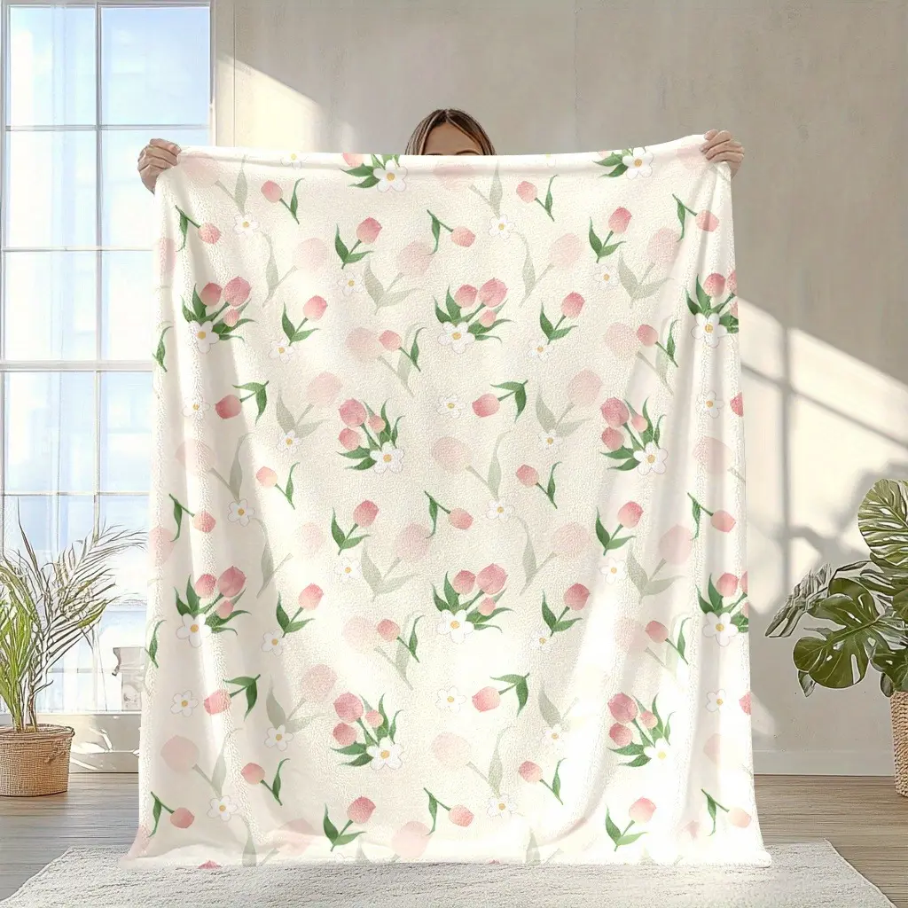 Soft Comfy Flannel Fleece Blanket, Pink Watercolor Tulip Flowers Print, Warm Fuzzy Plush Throw Blanket for Bedroom Sofa Couch, Ideal Birthday Housewarming Gift for Women, Home Decor, Flannel Fleece Blankets