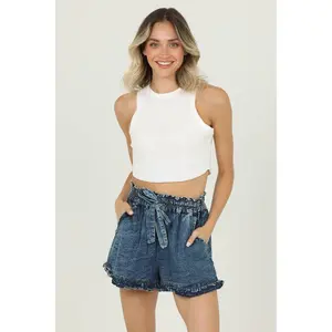 DENIM ACID WASH RUFFLE HEM TIE WAIST SHORTS