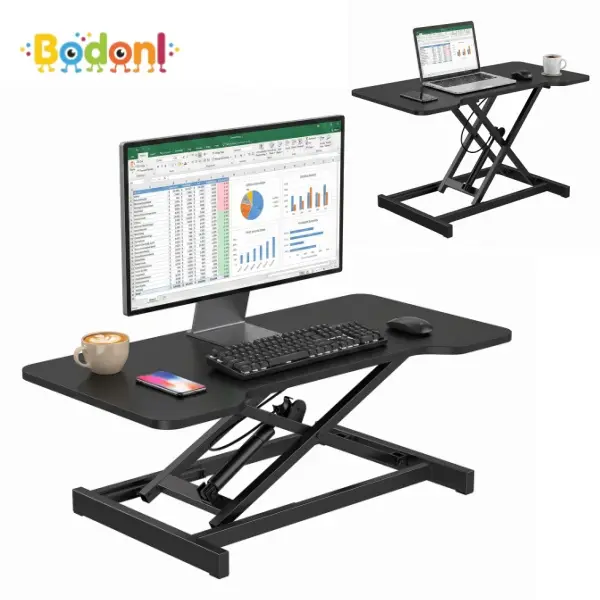 Bodonl Height Adjustable Standing Desk Converter, Pneumatic Sit-Stand Desk Riser with 15.8-Inch Wide Platform, Single-Tier Laptop and Monitor Stand for Home Office