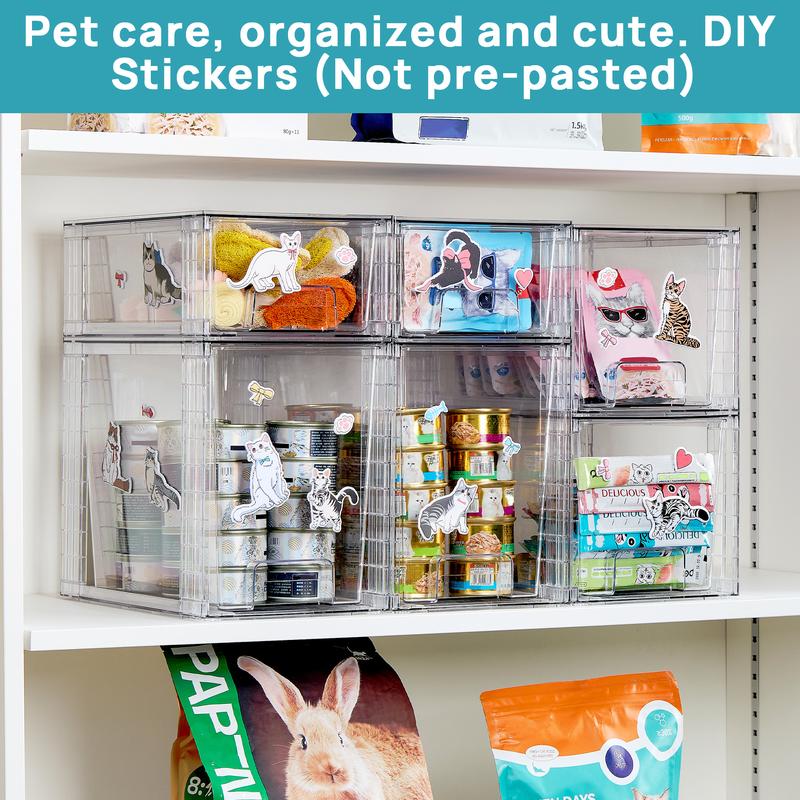 VTOPMART 12'' Stackable Pet Storage Drawers,Sliding Bins for Organizing Cat/Dog Food Cans, Treats & Toys, Dustproof, Transparent,Stackable to Save Space, Bonus Cute Stickers Included