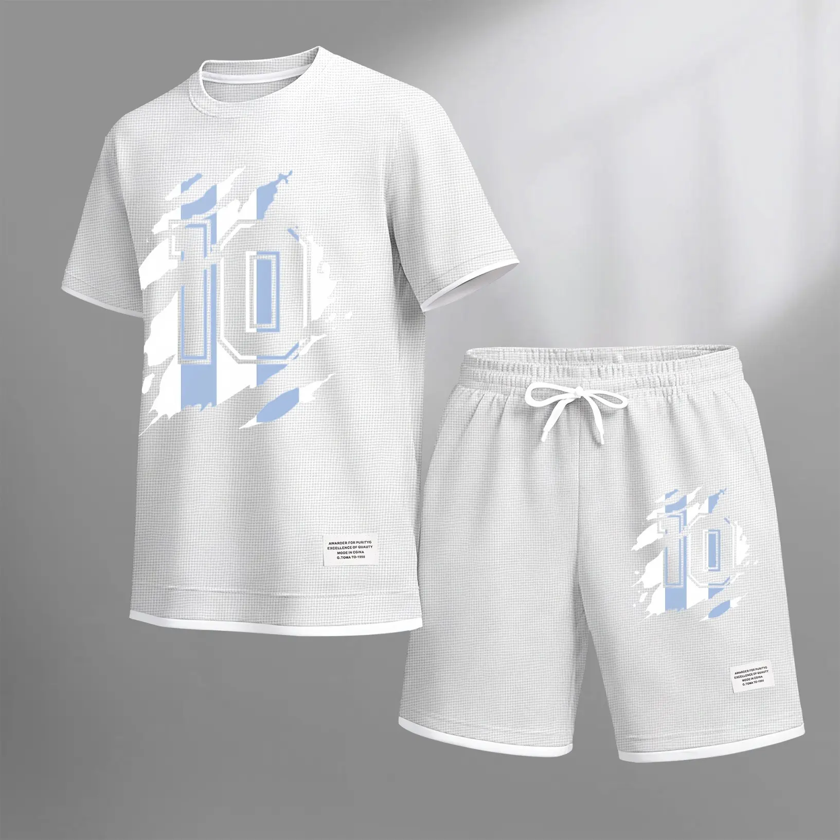 Men's Minimalist Waffle 2-Piece Set, Athletic Crew Neck T-Shirt & Shorts with 10 Print, Breathable Oversized Outfit for Gym, Textured, Menswear, Loose