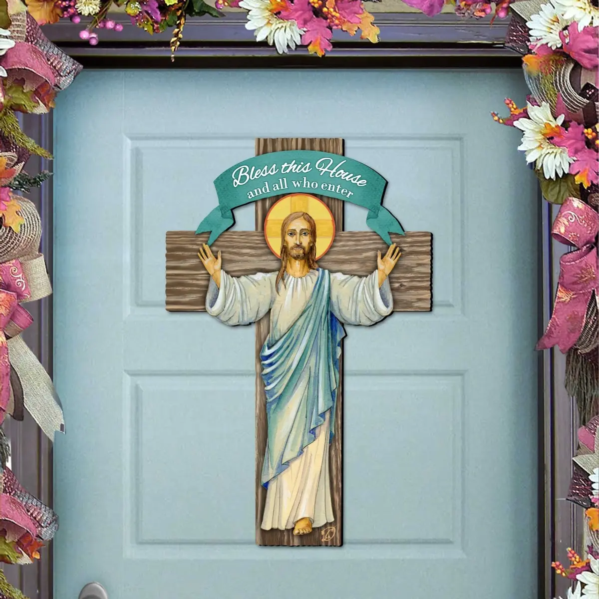 Designocracy 8191166H 24x18 in. Wood Religious Holiday Jesus Cross Wall Decor, Wall-Mounted Window Door Ornament, Christian Gift