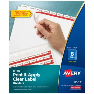 Avery 8 Tab Dividers for 3 Ring Binder, Easy Print & Apply Clear Label Strip, Index Maker Customizable White Tabs, 50 Sets (11557)
