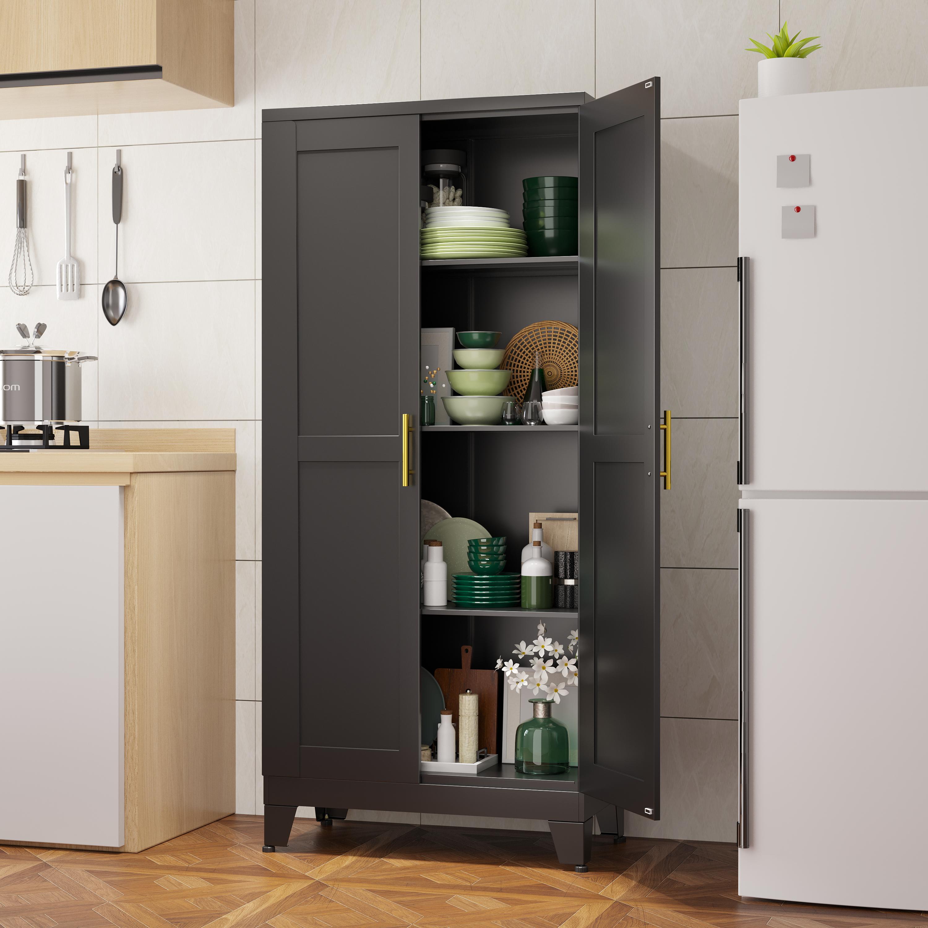 Metal Pantry Cabinet 61" with 2 Doors and Adjustable Shelves Kitchen Storage Cabinet with Gold Handles - Versatile Storage for Kitchen, Bathroom, Dining Room, Utility Room Furniture Metal Pantry Cabinet 61" with 2 Doors and Adjustable Shelves Kitchen Storage Cabinet with Gold Handles - Versatile Storage for Kitchen, Bathroom, Dining Room, Utility Room Furniture