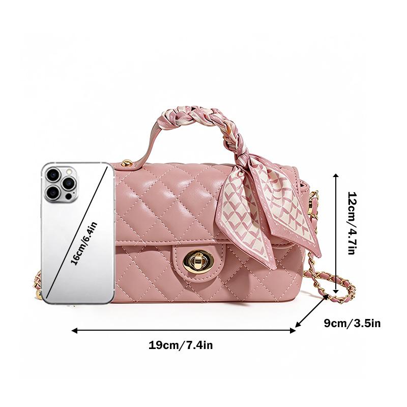 Elegant Pink Quilted Crossbody Bag with Scarf Wrapped Handle Small Flap Purse for Women Chic Daily Shoulder Bag Lightweight Ladies Handbag Fits Essentials for Travel & Date Night