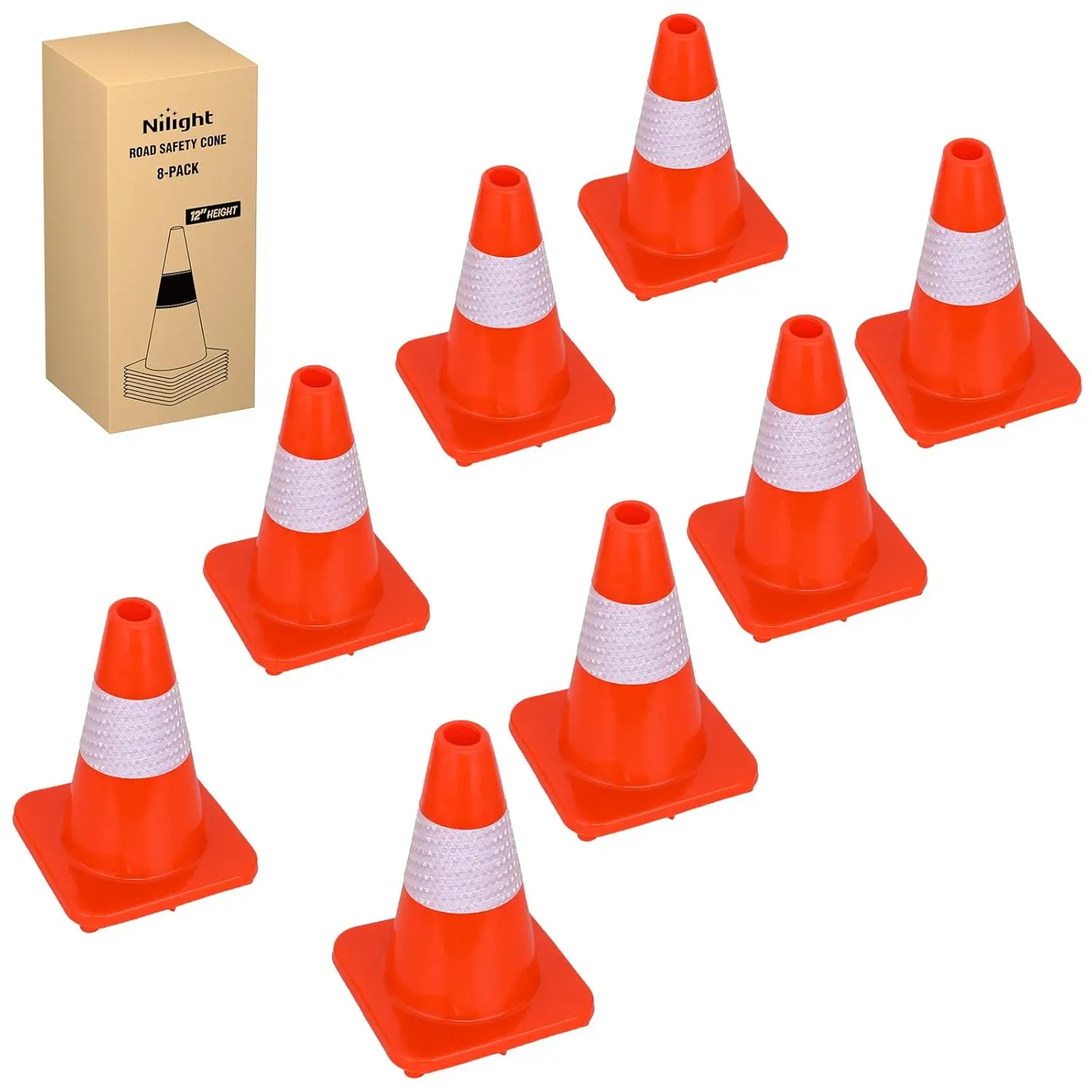 Nilight 8-Pack 12-in PVC Vinyl Traffic Safety Cones, Flexible Safety Equipment with Reflective Collars, Construction Gear with Flexibility, Bends Under Pressure for Easy Transport & Traffic Control, 12 Inches